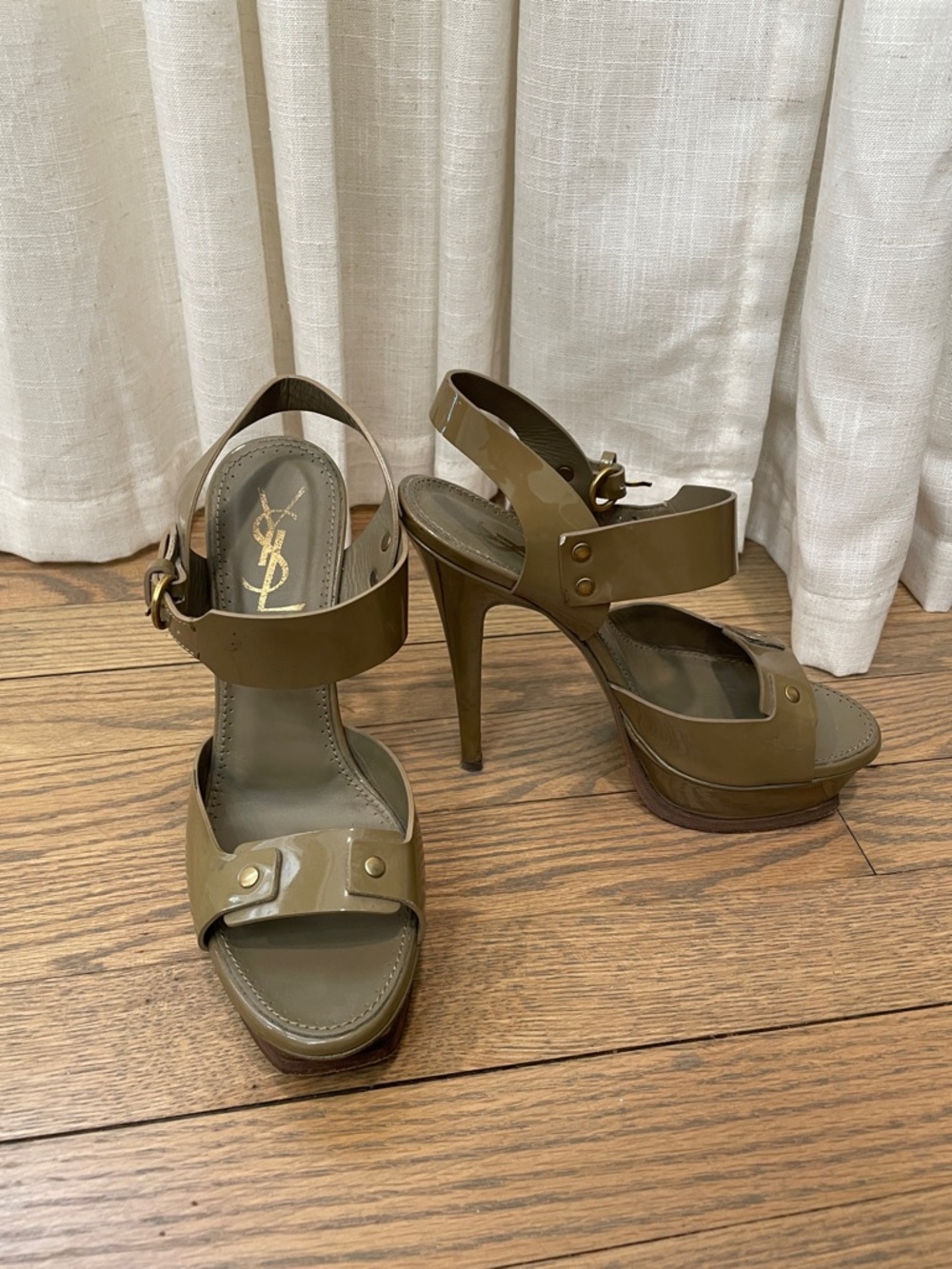 Yves Saint Laurent Olive Patent Platform Sandals with Gold Accent YSL 37